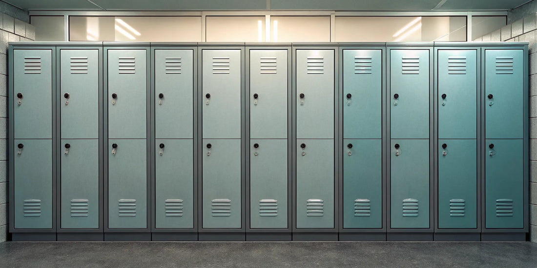 A row of blue lockers secured with different types of locker locks.