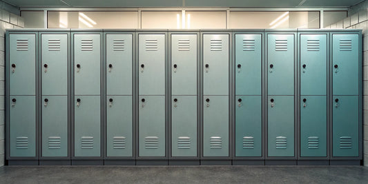 A row of blue lockers secured with different types of locker locks.