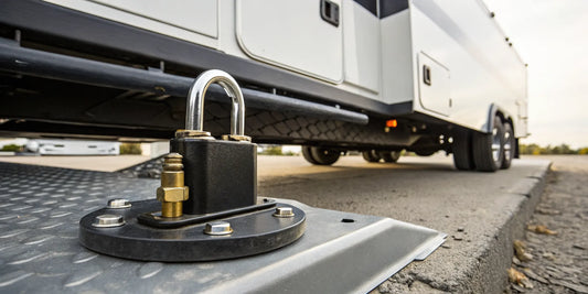 One of the best 5th wheel hitch locks secured to an RV king pin.