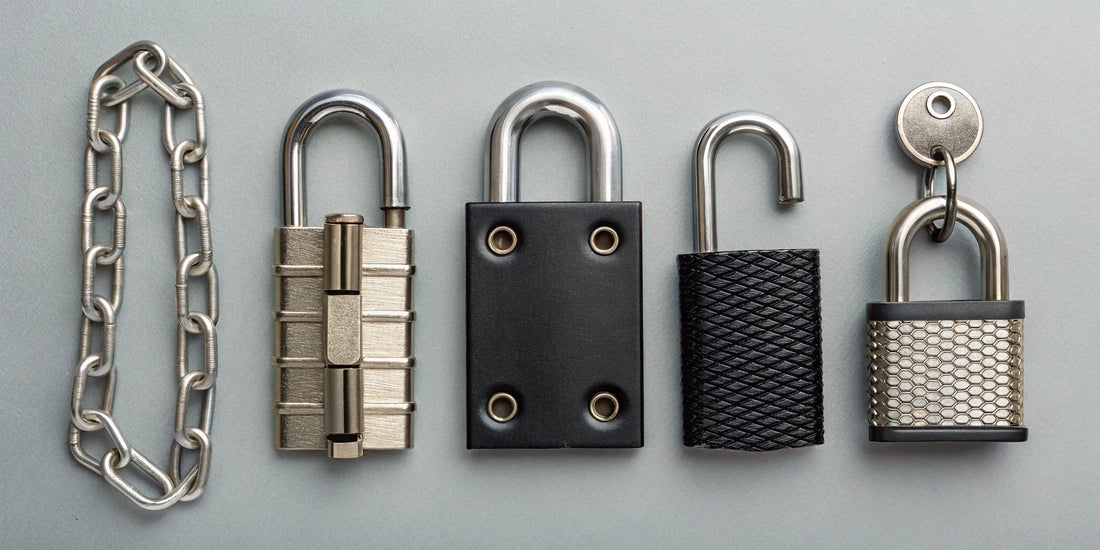 An assortment of gate lock types, including keyed, keypad, and chain locks for property security.
