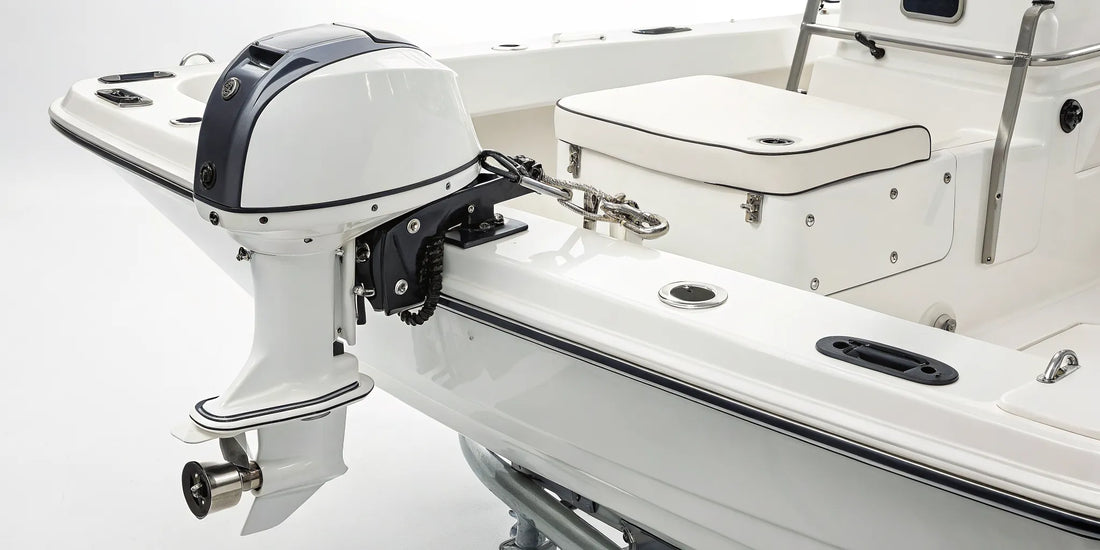 One of the best outboard motor locks securing an engine to a boat transom.
