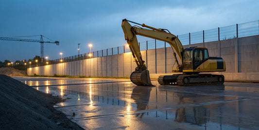 Securing a yellow excavator on a construction site with the best anti-theft device.