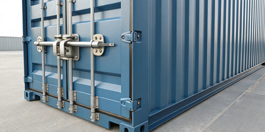 A blue shipping container door secured by a heavy-duty twist lock mechanism.