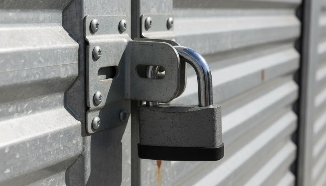 Industrial padlock securing a metal storage unit door