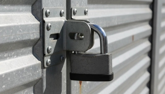 Industrial padlock securing a metal storage unit door