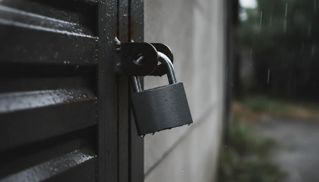 Weatherproof padlock securing an outdoor steel gate in rain