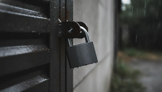 Weatherproof padlock securing an outdoor steel gate in rain