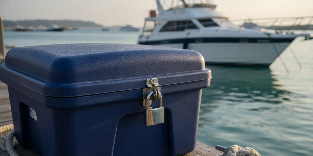 Marine-grade padlock securing a storage box on a marina dock beside a moored boat