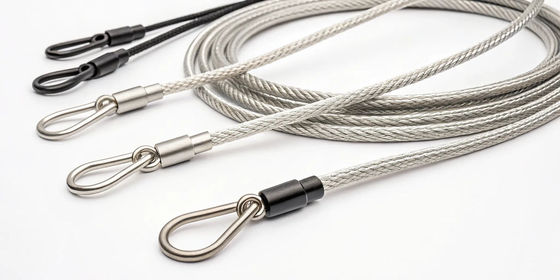 Braided steel cable with looped ends used to secure bikes, outdoor gear, and equipment.