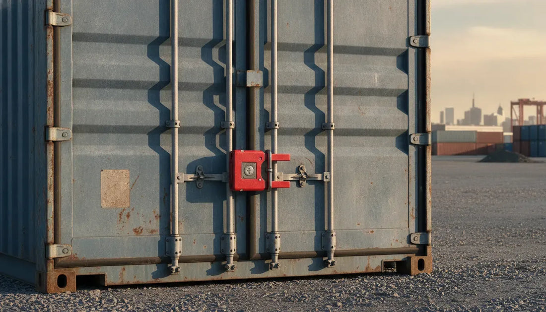 High-security shipping container security device clamped across container doors at a freight yard