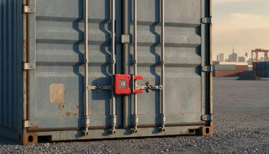 High-security shipping container security device clamped across container doors at a freight yard
