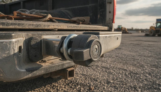 Heavy-duty anti-theft trailer hitch lock secured over a receiver hitch on a pickup truck