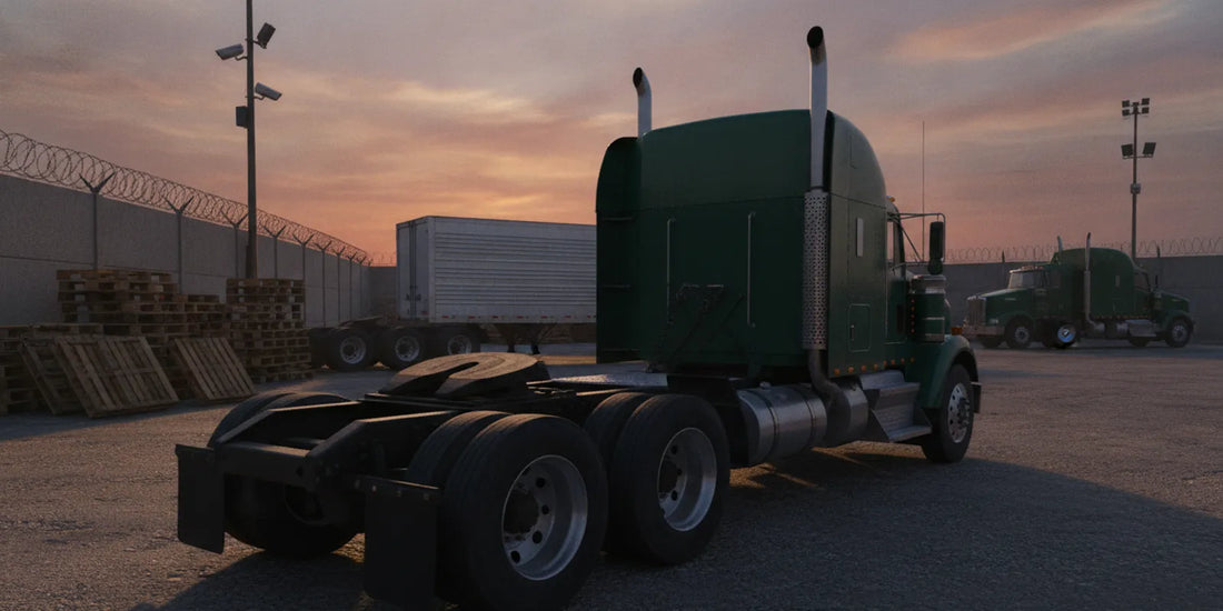 A heavy-duty tractor and semitrailer parked in a freight yard with the fifth-wheel coupling visible