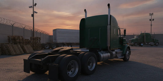 A heavy-duty tractor and semitrailer parked in a freight yard with the fifth-wheel coupling visible