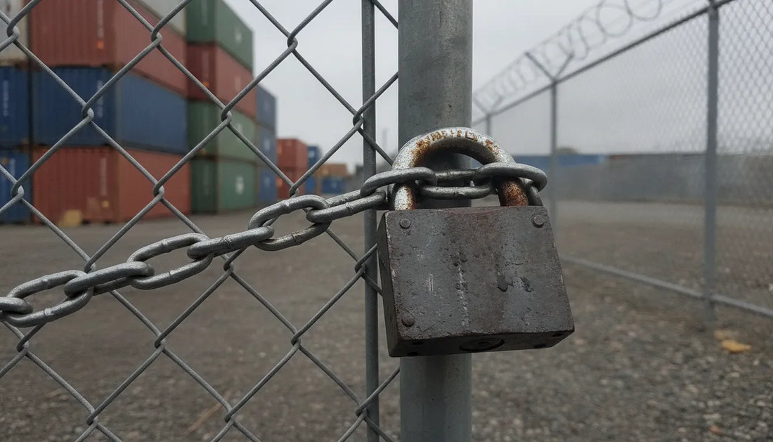 Heavy-duty padlock securing a warehouse yard gate with shipping containers behind it