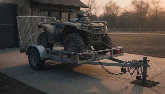 ATV loaded on utility trailer at dusk with security cables and padlocks visible