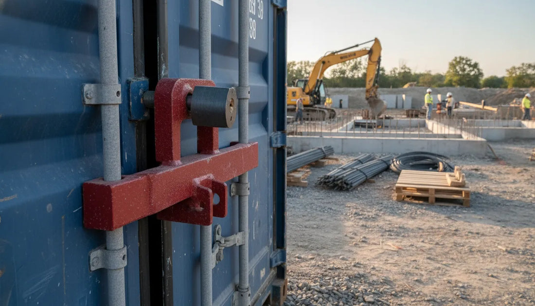 Heavy-duty red clamp-style conex box security lock on shipping container doors