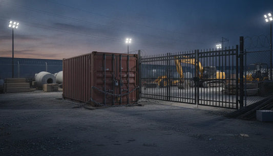 Secured construction site with locked container and equipment