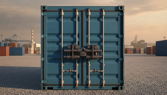 A secured intermodal container at a freight yard with its cargo doors closed