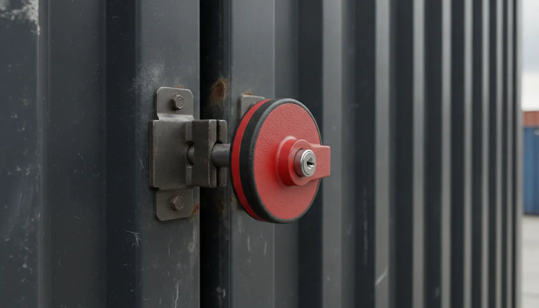 Industrial disk lock securing a steel storage unit door