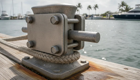 Heavy-duty dock lock securing a boat at a marina