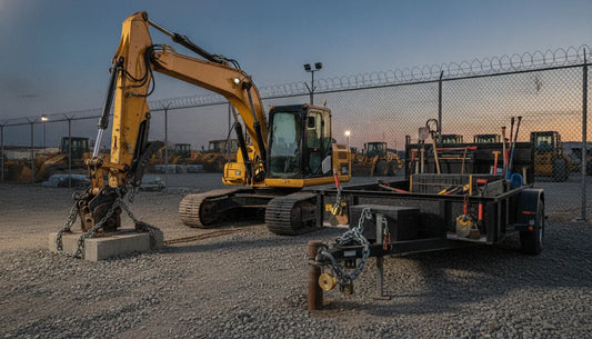 Industrial equipment and utility trailer secured in a fleet yard