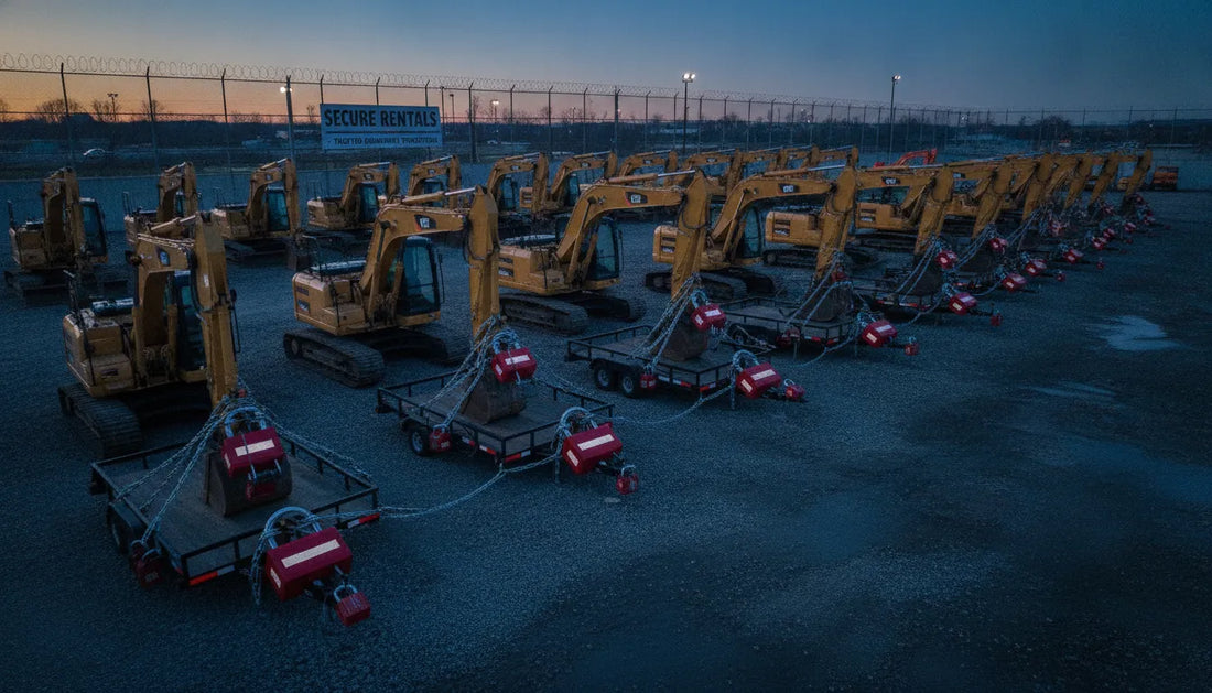 Industrial equipment yard at dusk with rental fleet secured by heavy-duty locks