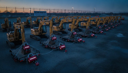 Industrial equipment yard at dusk with rental fleet secured by heavy-duty locks