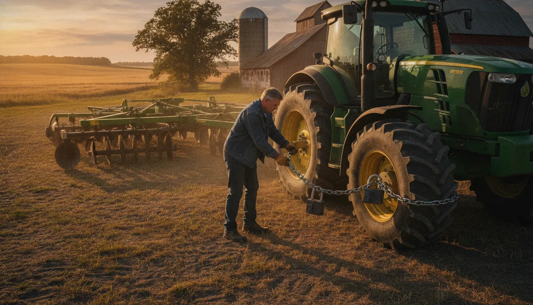 Farmer securing a tractor and implements on a rural property with heavy-duty security locks at golden hour