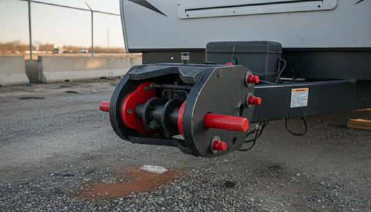 Industrial fifth wheel trailer secured with a king pin lock