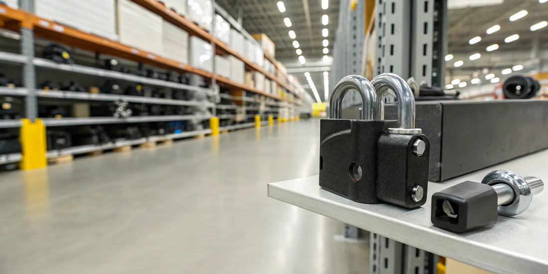 Heavy-duty pintle hitch lock with key on a shelf at Tractor Supply.