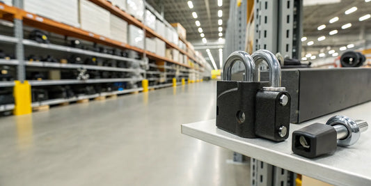 Heavy-duty pintle hitch lock with key on a shelf at Tractor Supply.