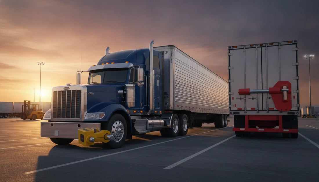 Semi-trailer truck in logistics yard with visible kingpin lock and container lock