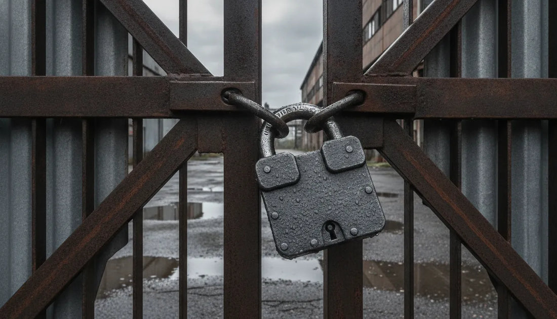 Heavy duty padlock securing an outdoor steel gate