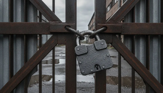 Heavy duty padlock securing an outdoor steel gate