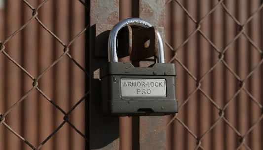 Heavy duty padlock on a steel gate in an industrial setting