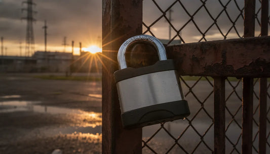 Heavy duty outdoor padlock with hardened steel shackle on a steel gate