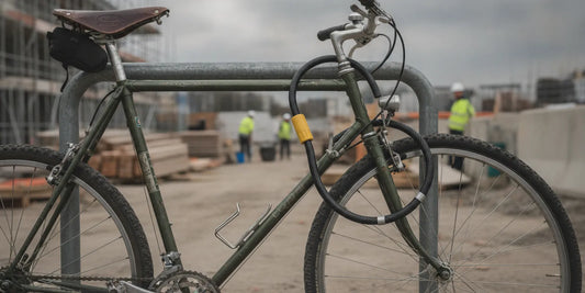 A heavy-duty U-lock and coiled cable securing a bicycle frame and wheel to a rack