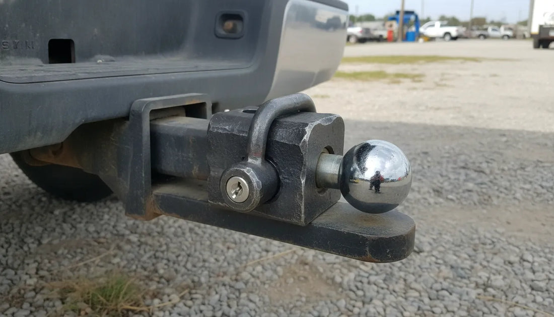 Heavy-duty red trailer hitch lock securing a tow hitch on a pickup truck