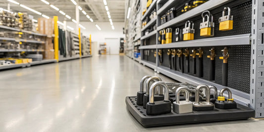 A variety of pintle hitch lock options on a display shelf at Home Depot.