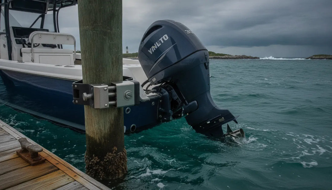 outboard motor lock fitted to a boat engine transom mount