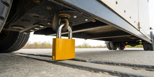 A heavy-duty yellow king pin lock fastened to a trailer hitch for maximum security.