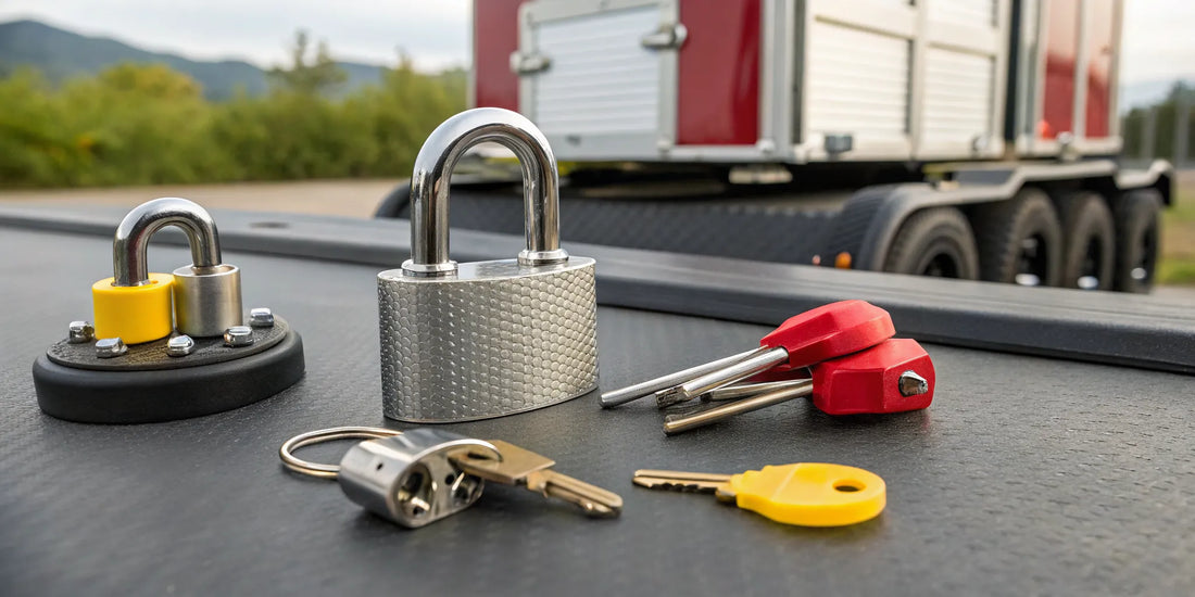 A heavy-duty 5th wheel locking pin with its key to secure a trailer from theft.