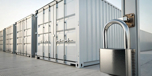A high-security lock fastened to the doors of a cargo container.
