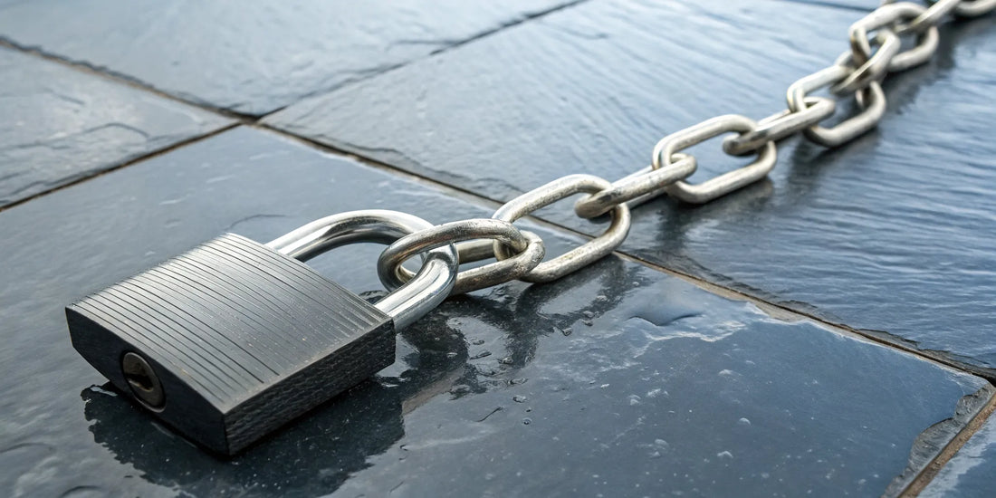 The best heavy duty padlock for saltwater environments, secured to a thick chain.