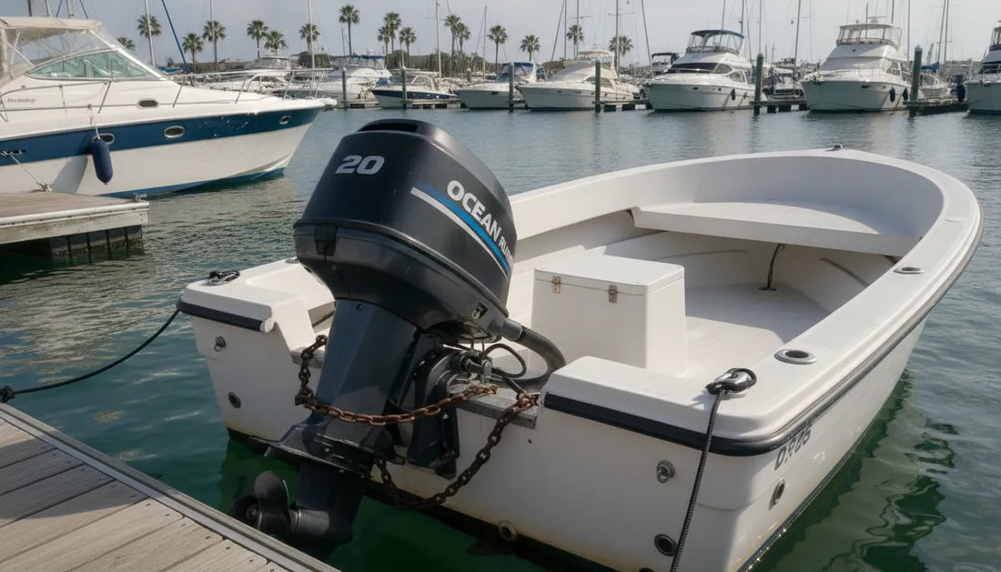 Outboard boat motor secured to the transom with a marine lock