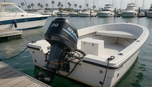 Outboard boat motor secured to the transom with a marine lock