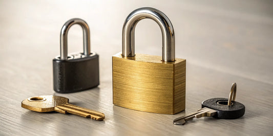 Heavy-duty solid brass padlock with a hardened steel shackle and keys.