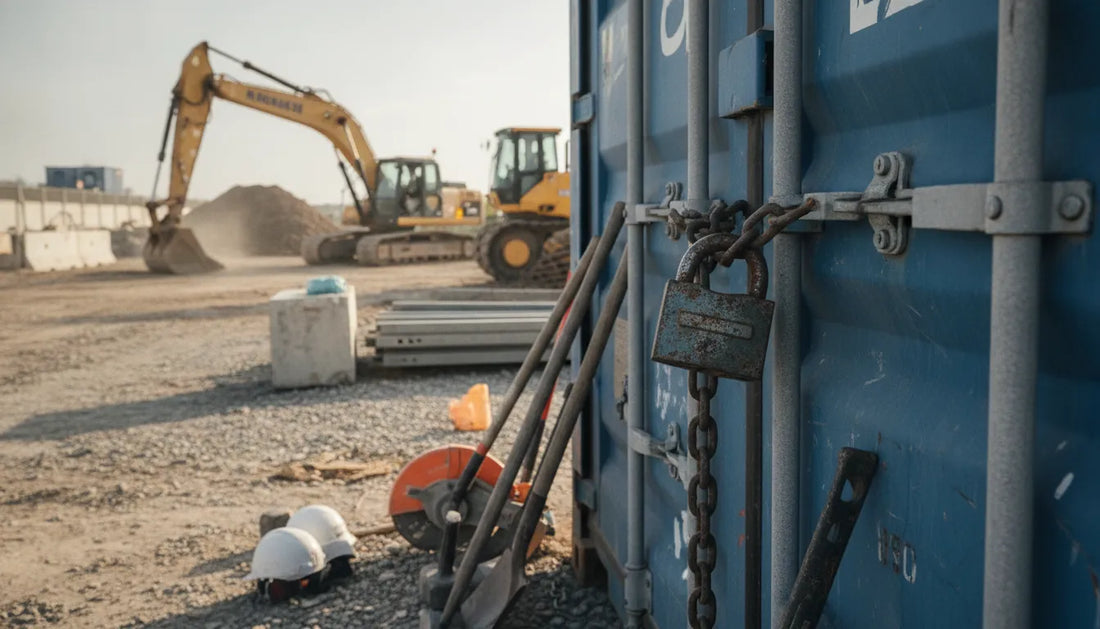Heavy duty padlock securing a construction site storage container with tools and equipment in background