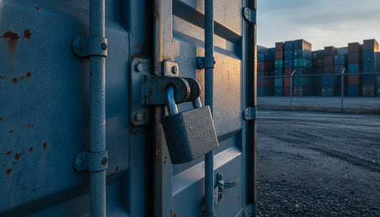 Heavy-duty padlock securing the hasp latch on a shipping container door in a storage yard at dawn